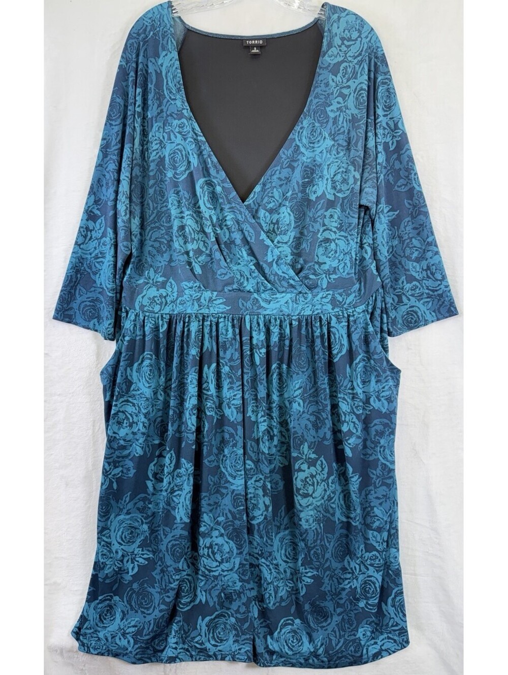 Torrid 3 Dress 3X Wrap Teal Blue Floral Long Sleeve Plus Size Womens